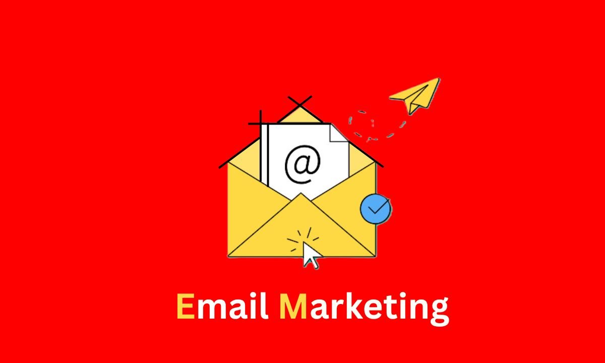 Yellow envelope with an @ symbol and blue checkmark on a red background. A yellow paper airplane flies above. Text: "Email Marketing" below.